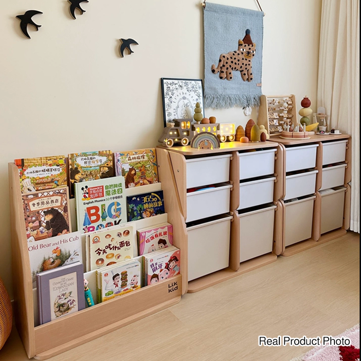 Kinder-Aufbewahrungsschrank mit 2 großen Schubladen, 4 kleinen Schubladen und offenen Ablagefächern mit großem Stauraum - Minimalistische, leichtgängige Schubladen mit Doppelschienen und umweltfreundlicher Holzoptik für das Wohnzimmer 