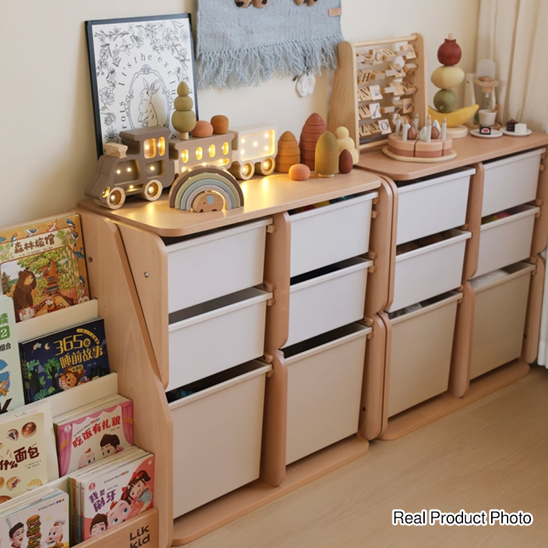 Kinder-Aufbewahrungsschrank mit 2 großen Schubladen, 4 kleinen Schubladen und offenen Ablagefächern mit großem Stauraum - Minimalistische, leichtgängige Schubladen mit Doppelschienen und umweltfreundlicher Holzoptik für das Wohnzimmer 