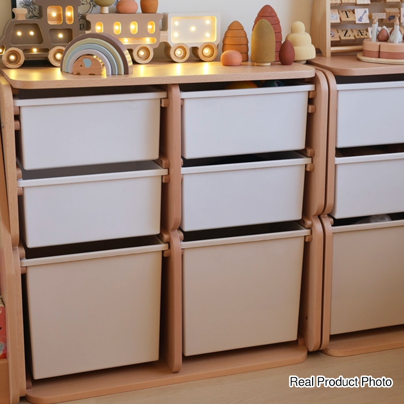 Kinder-Aufbewahrungsschrank mit 2 großen Schubladen, 4 kleinen Schubladen und offenen Ablagefächern mit großem Stauraum - Minimalistische, leichtgängige Schubladen mit Doppelschienen und umweltfreundlicher Holzoptik für das Wohnzimmer 