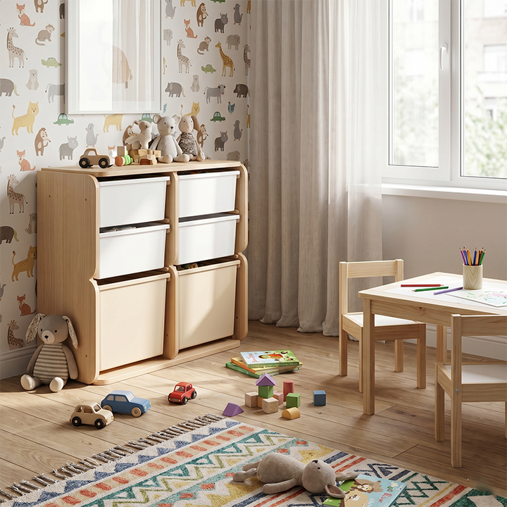 2 Large Drawers, 4 Small Drawers & Open Storage Shelves Large Capacity Kids Storage Cabinet - Minimalist Smooth Dual-Track Drawers & Eco-Friendly Wood Finish For Living Room