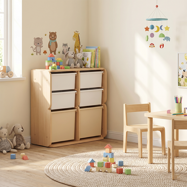 2 Large Drawers, 4 Small Drawers & Open Storage Shelves Large Capacity Kids Storage Cabinet - Minimalist Smooth Dual-Track Drawers & Eco-Friendly Wood Finish For Living Room