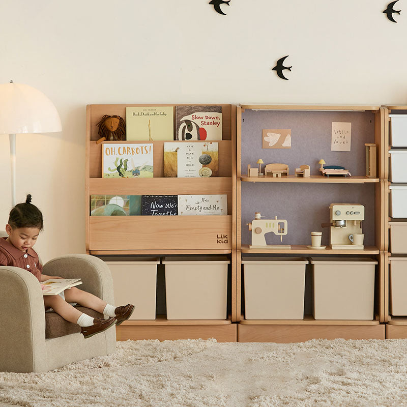 Kinder-Aufbewahrungsschrank mit 2 großen Schubladen, 4 kleinen Schubladen und offenen Ablagefächern mit großem Stauraum - Minimalistische, leichtgängige Schubladen mit Doppelschienen und umweltfreundlicher Holzoptik für das Wohnzimmer 