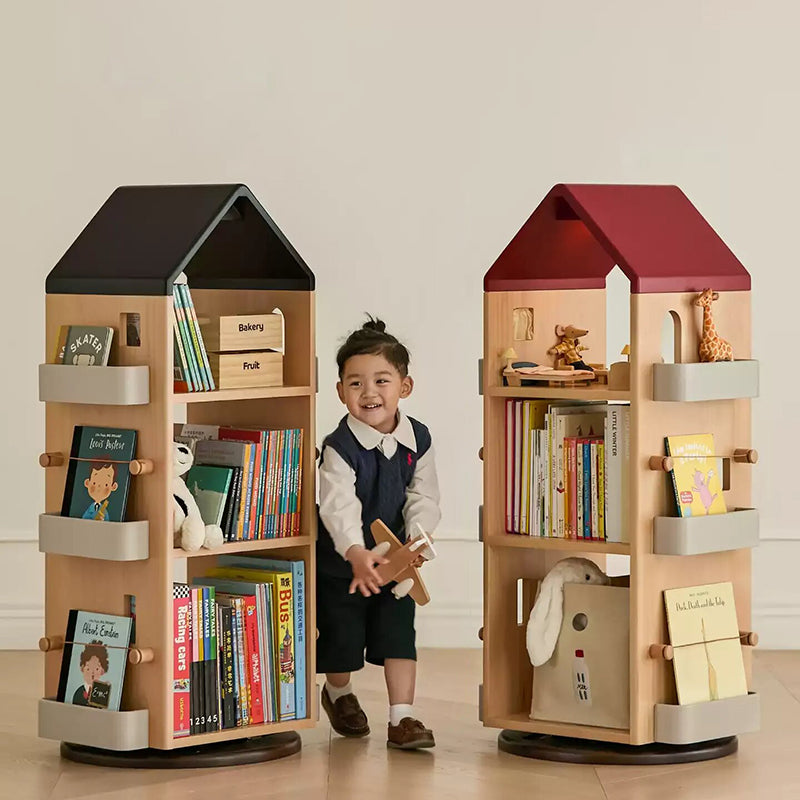 Solid Beech Wood Rotating Kids Bookshelf - Nordic Book Display Shelf With 360° Access And Multi-Level Storage For Books &amp; Toys For Living Room