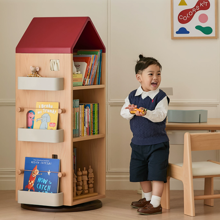 Solid Beech Wood Rotating Kids Bookshelf - Nordic Book Display Shelf With 360° Access And Multi-Level Storage For Books &amp; Toys For Living Room