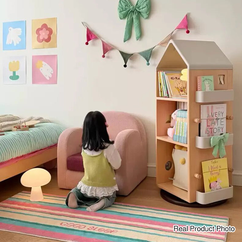Solid Beech Wood Rotating Kids Bookshelf - Nordic Book Display Shelf With 360° Access And Multi-Level Storage For Books &amp; Toys For Living Room