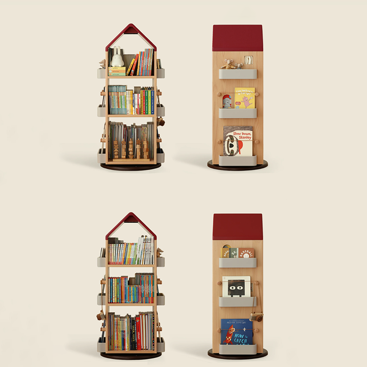 Solid Beech Wood Rotating Kids Bookshelf - Nordic Book Display Shelf With 360° Access And Multi-Level Storage For Books &amp; Toys For Living Room