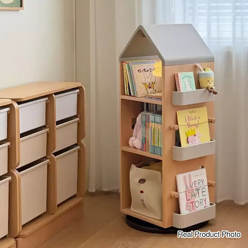 Solid Beech Wood Rotating Kids Bookshelf - Nordic Book Display Shelf With 360° Access And Multi-Level Storage For Books &amp; Toys For Living Room