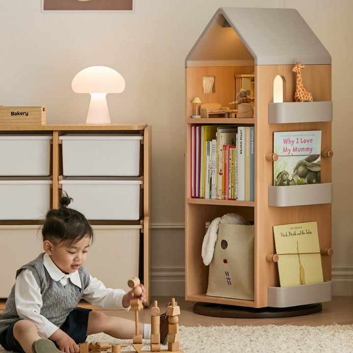 Solid Beech Wood Rotating Kids Bookshelf - Nordic Book Display Shelf With 360° Access And Multi-Level Storage For Books &amp; Toys For Living Room