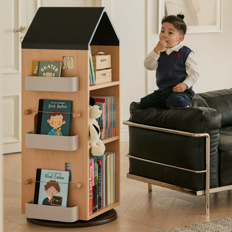 Solid Beech Wood Rotating Kids Bookshelf - Nordic Book Display Shelf With 360° Access And Multi-Level Storage For Books &amp; Toys For Living Room