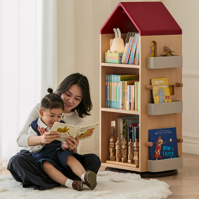 Solid Beech Wood Rotating Kids Bookshelf - Nordic Book Display Shelf With 360° Access And Multi-Level Storage For Books &amp; Toys For Living Room