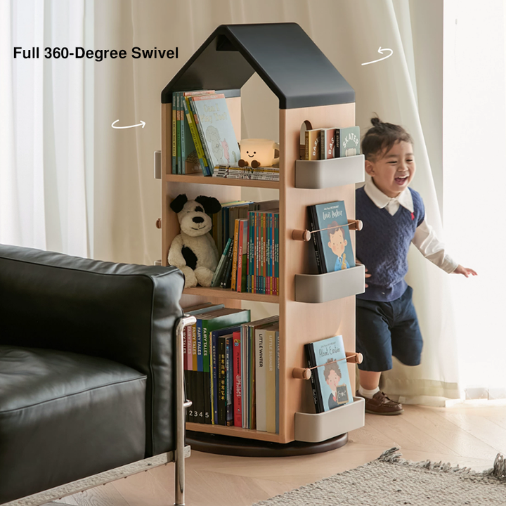 Solid Beech Wood Rotating Kids Bookshelf - Nordic Book Display Shelf With 360° Access And Multi-Level Storage For Books &amp; Toys For Living Room