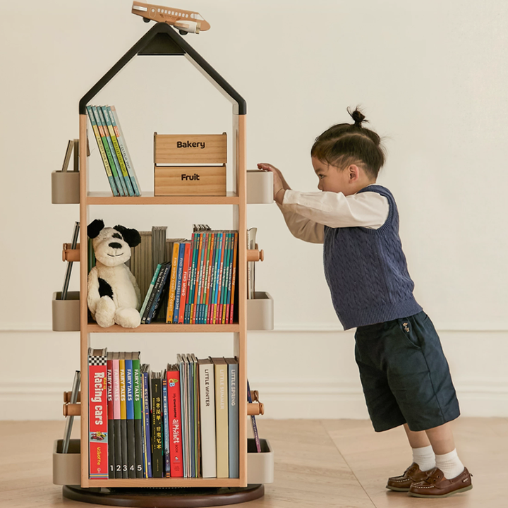 Solid Beech Wood Rotating Kids Bookshelf - Nordic Book Display Shelf With 360° Access And Multi-Level Storage For Books &amp; Toys For Living Room