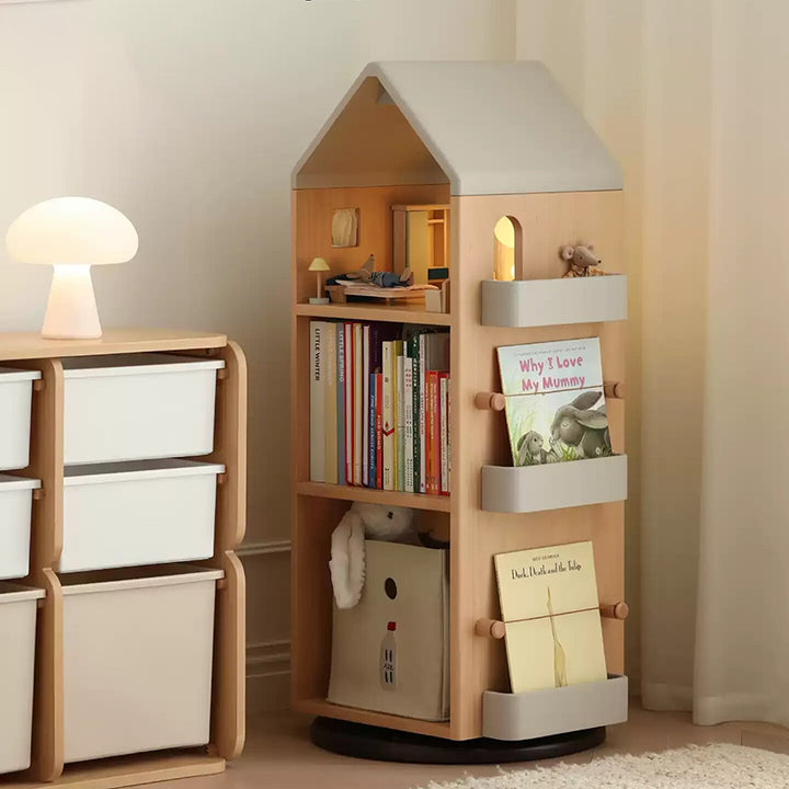 Solid Beech Wood Rotating Kids Bookshelf - Nordic Book Display Shelf With 360° Access And Multi-Level Storage For Books & Toys For Living Room