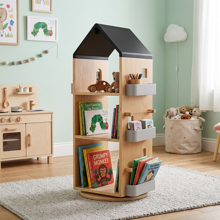 Solid Beech Wood Rotating Kids Bookshelf - Nordic Book Display Shelf With 360° Access And Multi-Level Storage For Books & Toys For Living Room