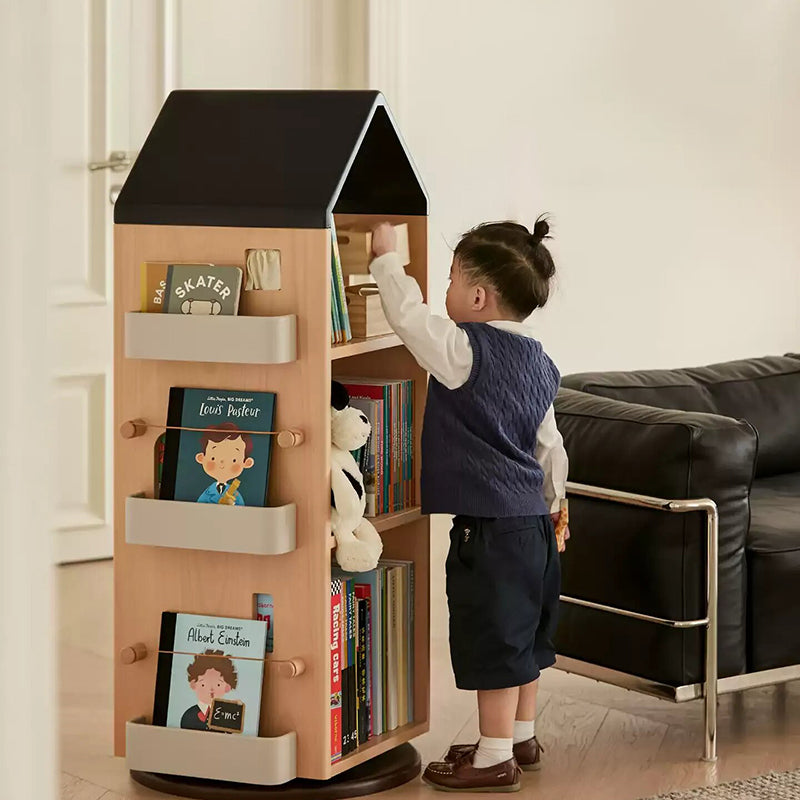 Solid Beech Wood Rotating Kids Bookshelf - Nordic Book Display Shelf With 360° Access And Multi-Level Storage For Books &amp; Toys For Living Room