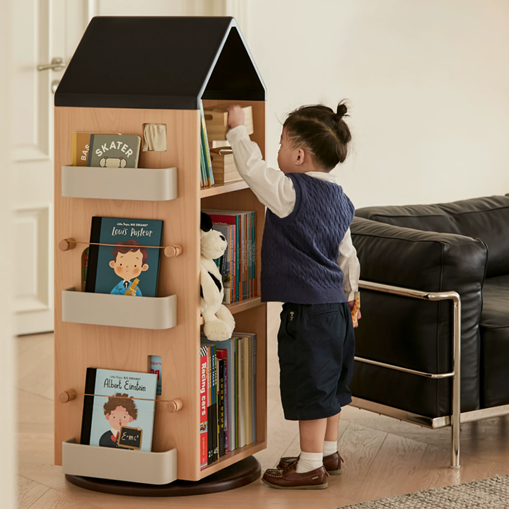 Solid Beech Wood Rotating Kids Bookshelf - Nordic Book Display Shelf With 360° Access And Multi-Level Storage For Books &amp; Toys For Living Room