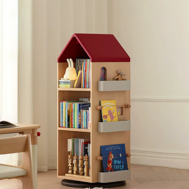 Solid Beech Wood Rotating Kids Bookshelf - Nordic Book Display Shelf With 360° Access And Multi-Level Storage For Books & Toys For Living Room
