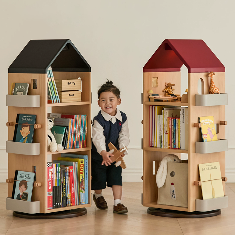 Solid Beech Wood Rotating Kids Bookshelf - Nordic Book Display Shelf With 360° Access And Multi-Level Storage For Books &amp; Toys For Living Room