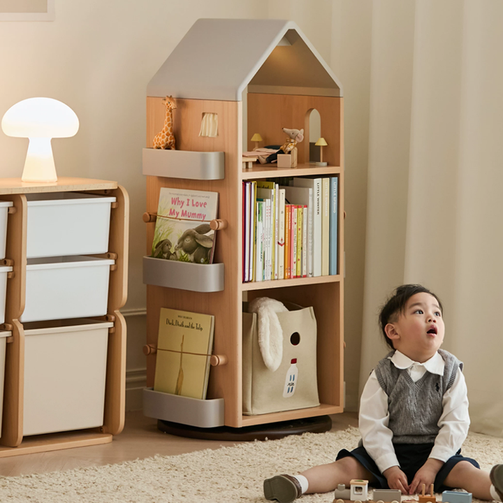 Solid Beech Wood Rotating Kids Bookshelf - Nordic Book Display Shelf With 360° Access And Multi-Level Storage For Books &amp; Toys For Living Room
