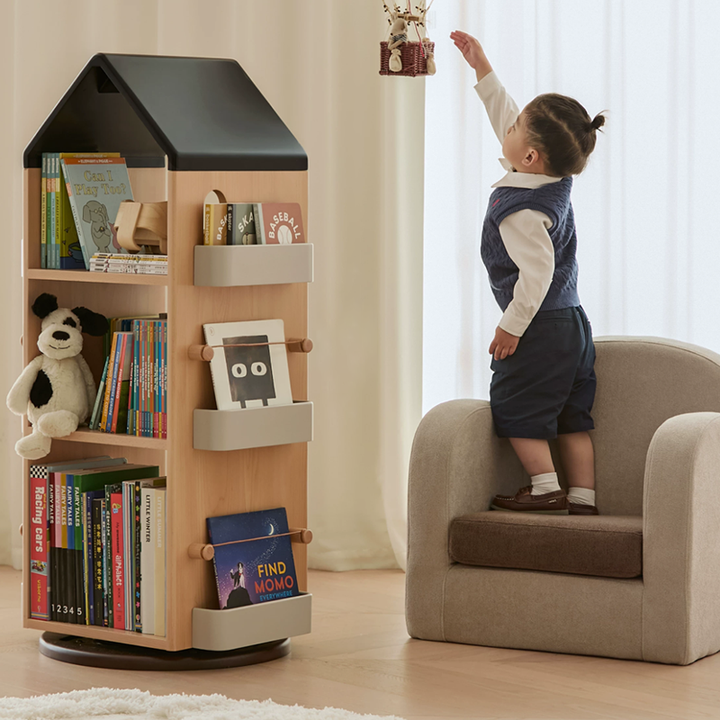 Solid Beech Wood Rotating Kids Bookshelf - Nordic Book Display Shelf With 360° Access And Multi-Level Storage For Books &amp; Toys For Living Room