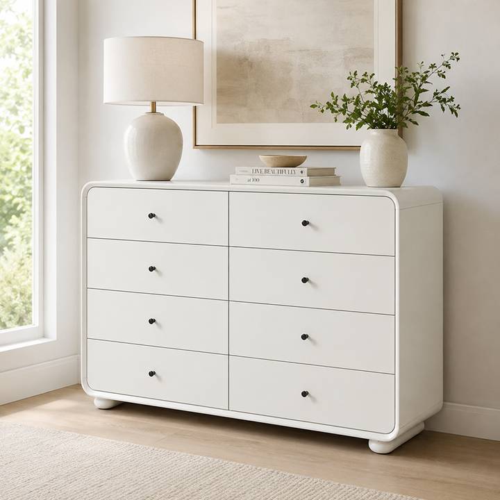 Rounded Edge Design, White Or Peacock Blue Finish Storage Cabinet - Nordic Cabinet With 5/8 Drawers, Durable MDF, Chest Of Drawers For Home Organization For Living Room