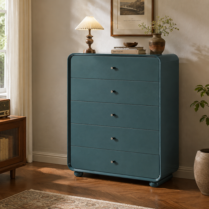 Rounded Edge Design, White Or Peacock Blue Finish Storage Cabinet - Nordic Cabinet With 5/8 Drawers, Durable MDF, Chest Of Drawers For Home Organization For Living Room