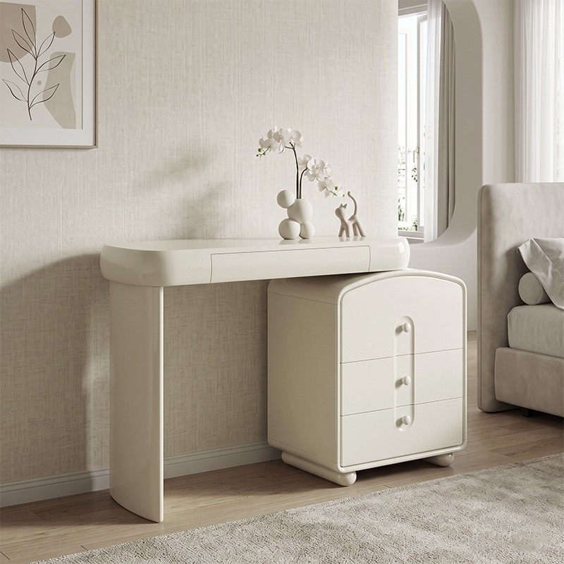 Contemporary Curved Storage Cabinet With Extendable Tabletop Makeup Vanity - Nordic Space-Saving Dressing Station With 4 Drawers For Bedroom