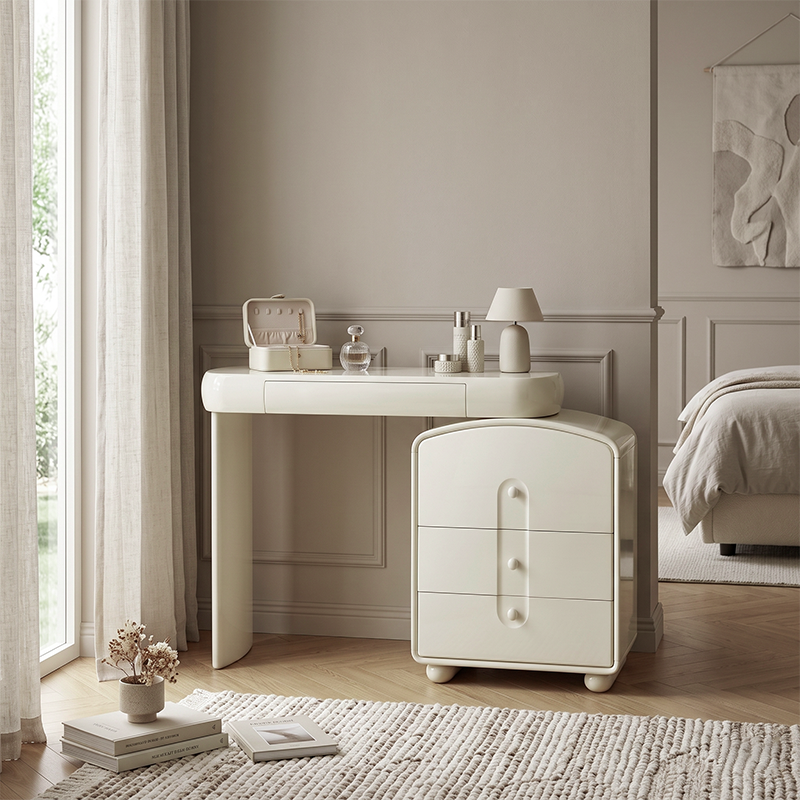 Contemporary Curved Storage Cabinet With Extendable Tabletop Makeup Vanity - Nordic Space-Saving Dressing Station With 4 Drawers For Bedroom