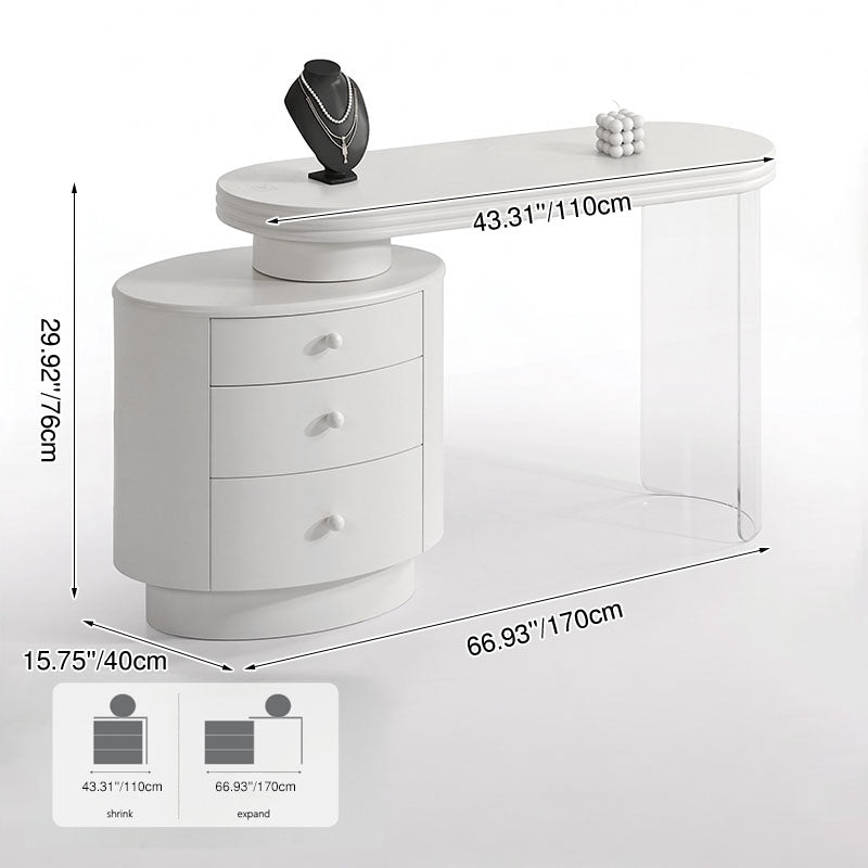 Contemporary Extendable Vanity Desk With 3-Drawer Storage Makeup Vanity - Nordic White MDF Dressing Table, Oval Desktop For Bedroom