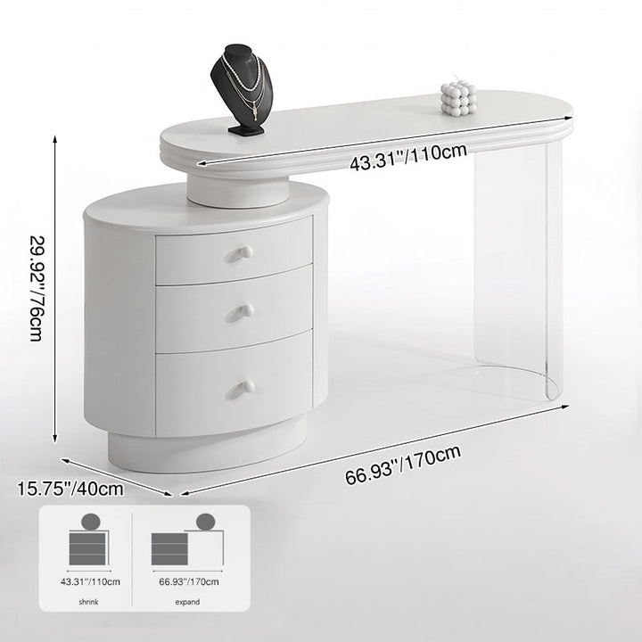 Contemporary Extendable Vanity Desk With 3-Drawer Storage Makeup Vanity - Nordic White MDF Dressing Table, Oval Desktop For Bedroom