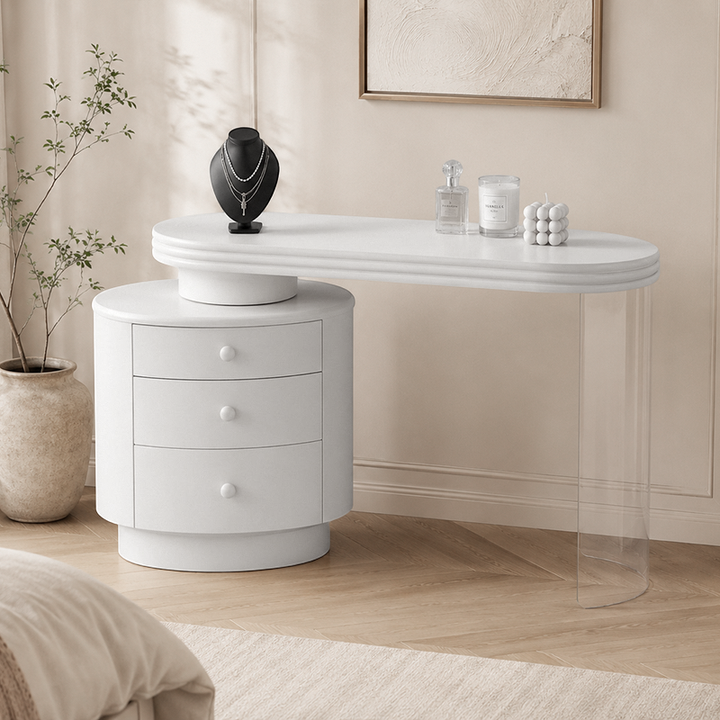 Contemporary Extendable Vanity Desk With 3-Drawer Storage Makeup Vanity - Nordic White MDF Dressing Table, Oval Desktop For Bedroom