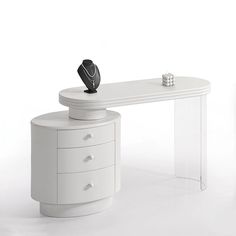 Contemporary Extendable Vanity Desk With 3-Drawer Storage Makeup Vanity - Nordic White MDF Dressing Table, Oval Desktop For Bedroom