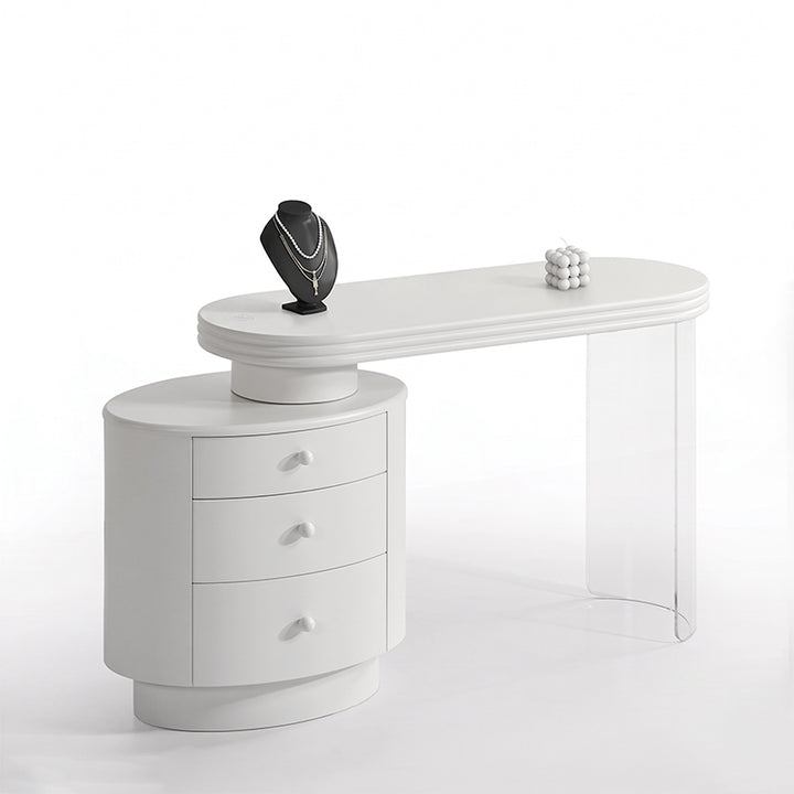 Contemporary Extendable Vanity Desk With 3-Drawer Storage Makeup Vanity - Nordic White MDF Dressing Table, Oval Desktop For Bedroom