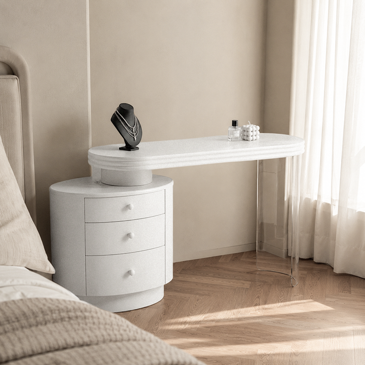 Contemporary Extendable Vanity Desk With 3-Drawer Storage Makeup Vanity - Nordic White MDF Dressing Table, Oval Desktop For Bedroom
