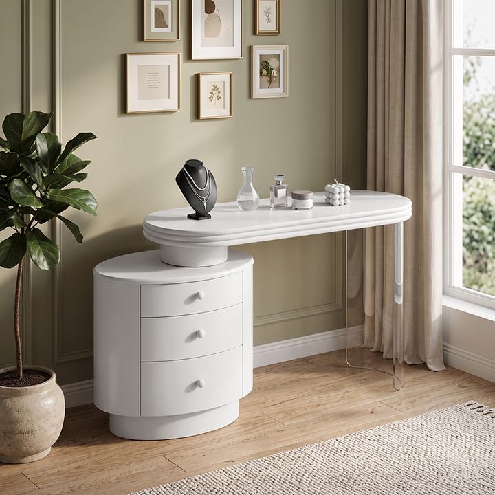 Contemporary Extendable Vanity Desk With 3-Drawer Storage Makeup Vanity - Nordic White MDF Dressing Table, Oval Desktop For Bedroom