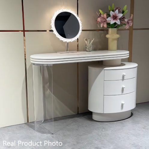 Contemporary Extendable Vanity Desk With 3-Drawer Storage Makeup Vanity - Nordic White MDF Dressing Table, Oval Desktop For Bedroom