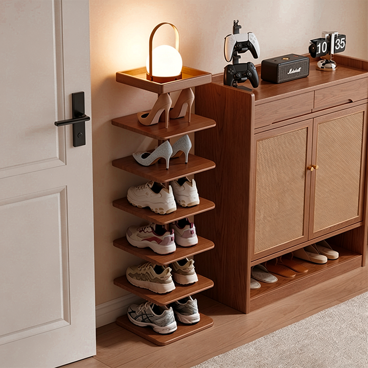 Moderner minimalistischer Schuhschrank aus Kautschukholz, quadratisch, 4/6-stufiges schmales und platzsparendes Schuhregal für den Eingangsbereich 