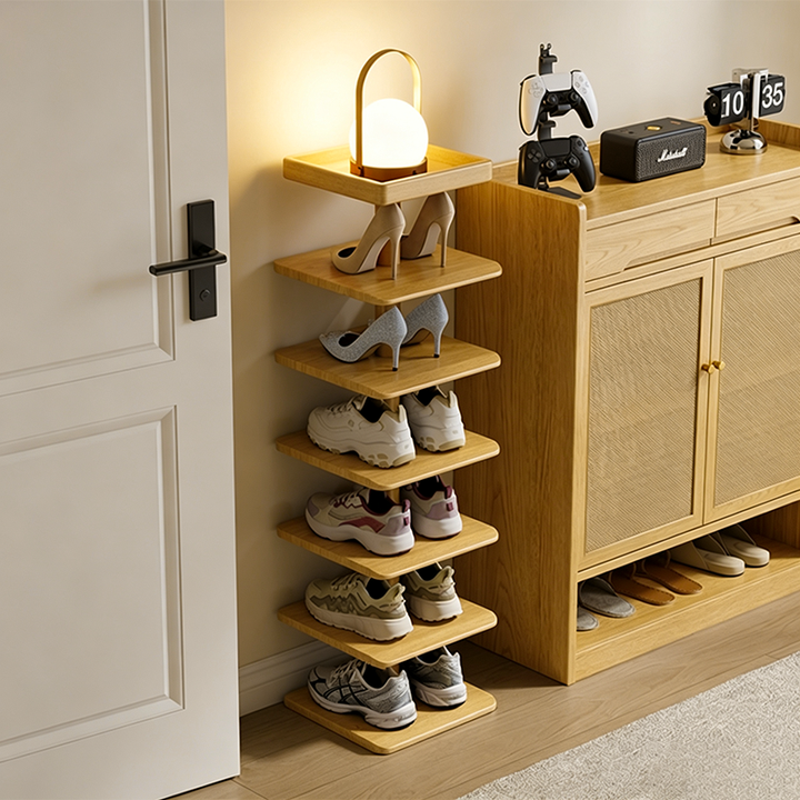 Moderner minimalistischer Schuhschrank aus Kautschukholz, quadratisch, 4/6-stufiges schmales und platzsparendes Schuhregal für den Eingangsbereich 
