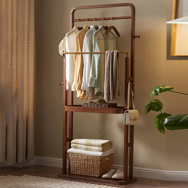 Freestanding Clothing Rack With Storage Shelf, Solid Ash Wood Hall Tree - Chinese Garment Organizer With Metal Hanging Rods And Side Hooks For Entryway & Bedroom & Living Room