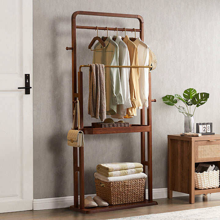 Freestanding Clothing Rack With Storage Shelf, Solid Ash Wood Hall Tree - Chinese Garment Organizer With Metal Hanging Rods And Side Hooks For Entryway & Bedroom & Living Room