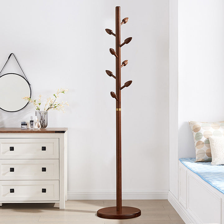 Solid Rubber Wood Coat Rack Tree Stand, Freestanding Hall Tree - Chinese Flower Bud Inspired Clothes Rack With 8 Hooks For Entryway & Bedroom & Living Room
