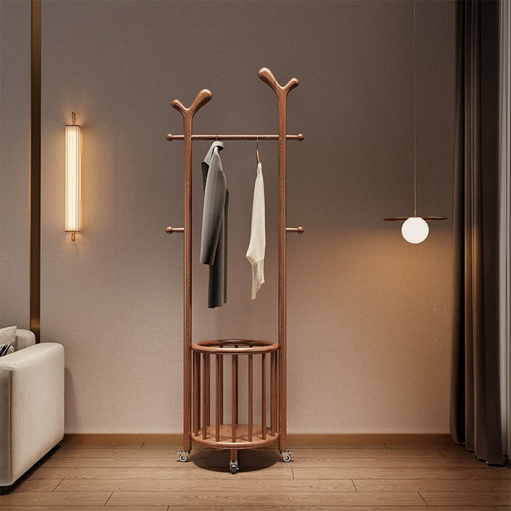 3-in-1 Solid Ash Wood Clothes Rack Hall Tree - Chinese Laundry Hamper & Storage Organizer With Wheels, Hanging Rack For Entryway & Living Room & Bedroom