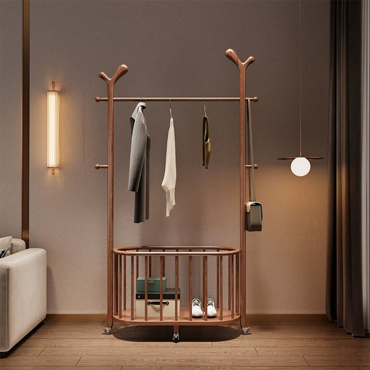 3-in-1 Solid Ash Wood Clothes Rack Hall Tree - Chinese Laundry Hamper & Storage Organizer With Wheels, Hanging Rack For Entryway & Living Room & Bedroom