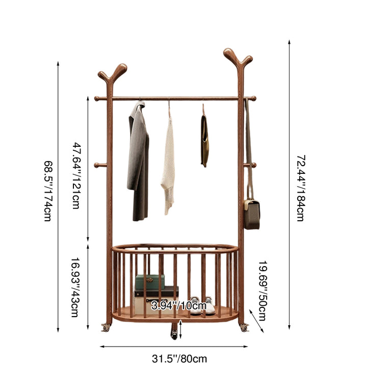 3-in-1-Kleiderständer aus massivem Eschenholz mit Garderobenbaum - chinesischer Wäschekorb &amp; Aufbewahrungsorganizer mit Rollen, Kleiderständer für Eingangsbereich, Wohnzimmer &amp; Schlafzimmer 