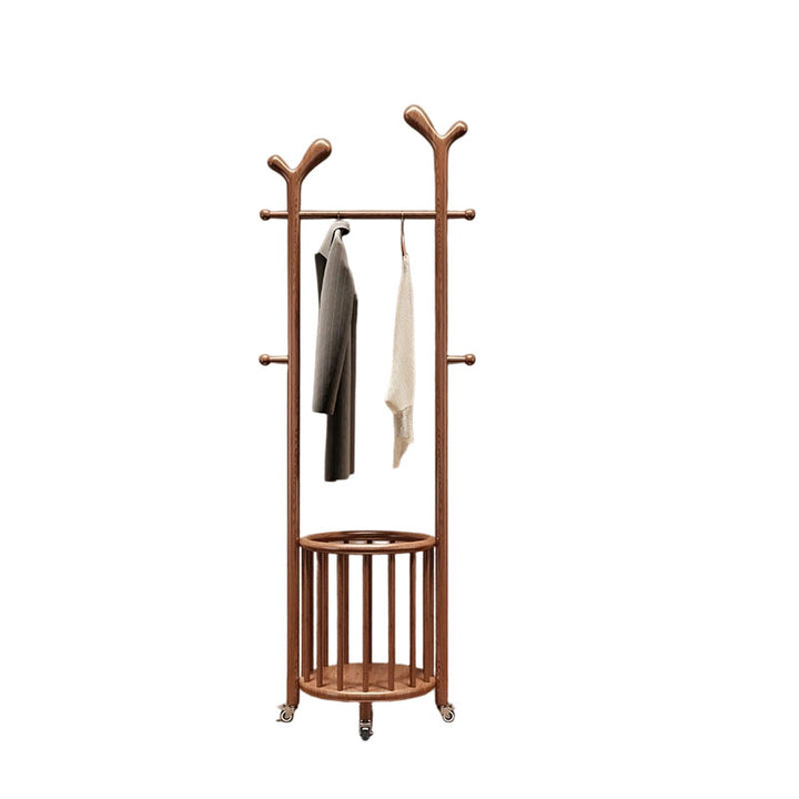 3-in-1-Kleiderständer aus massivem Eschenholz mit Garderobenbaum - chinesischer Wäschekorb &amp; Aufbewahrungsorganizer mit Rollen, Kleiderständer für Eingangsbereich, Wohnzimmer &amp; Schlafzimmer 