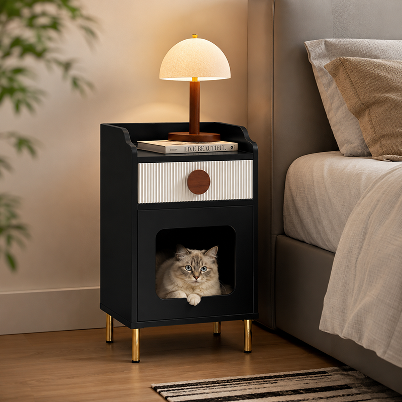 Modernes schwarzes Haustierschränkchen mit Katzenhaus &amp; Schublade Nachttisch - kreativer Nachttisch für Katzen, multifunktionale Haustiermöbel mit Katzenbett für das Schlafzimmer 