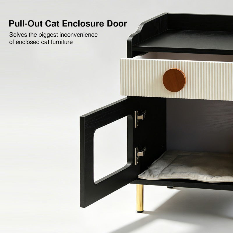 Modernes schwarzes Haustierschränkchen mit Katzenhaus &amp; Schublade Nachttisch - kreativer Nachttisch für Katzen, multifunktionale Haustiermöbel mit Katzenbett für das Schlafzimmer 