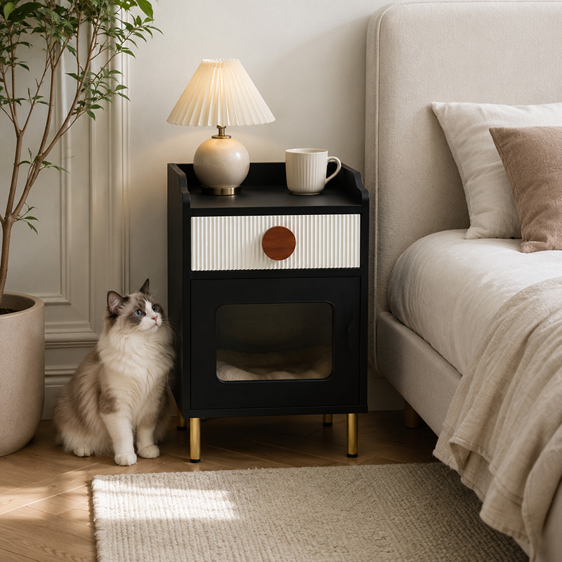 Modernes schwarzes Haustierschränkchen mit Katzenhaus &amp; Schublade Nachttisch - kreativer Nachttisch für Katzen, multifunktionale Haustiermöbel mit Katzenbett für das Schlafzimmer 