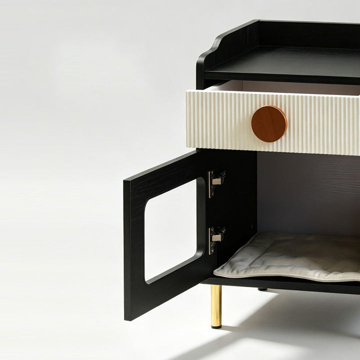 Modernes schwarzes Haustierschränkchen mit Katzenhaus &amp; Schublade Nachttisch - kreativer Nachttisch für Katzen, multifunktionale Haustiermöbel mit Katzenbett für das Schlafzimmer 