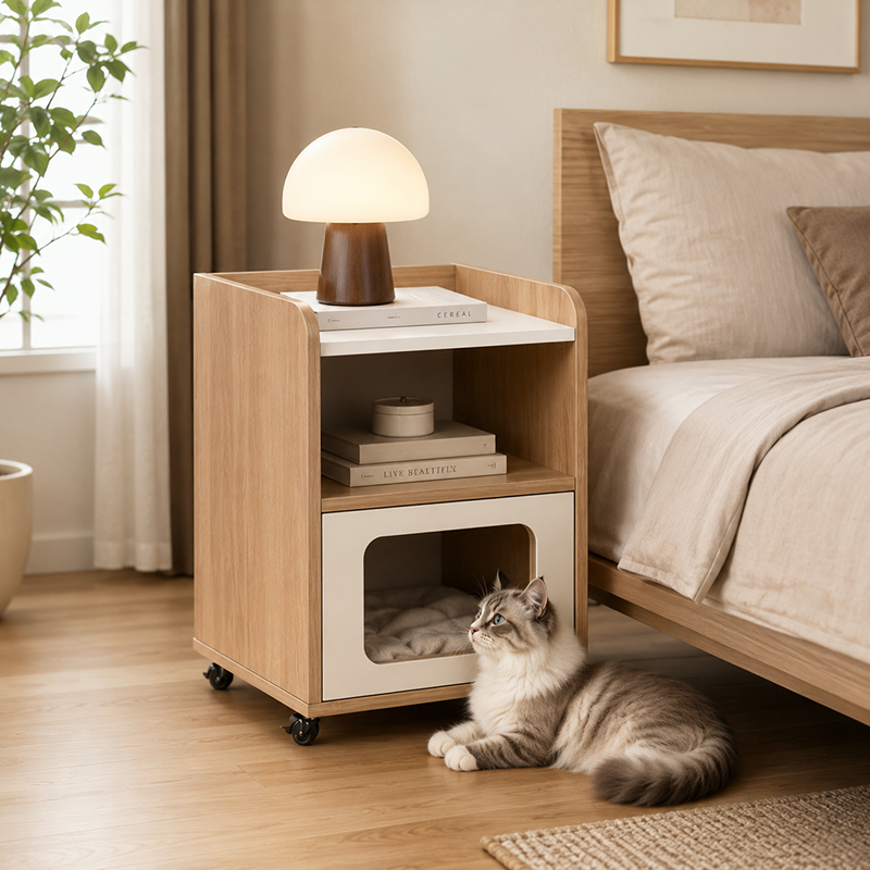 3-in-1 Pet Furniture Cat House With Storage Cabinet Nightstand - Creative Bedside Table &amp; Multifunctional Pet House Furniture For Cats With Wheels For Bedroom